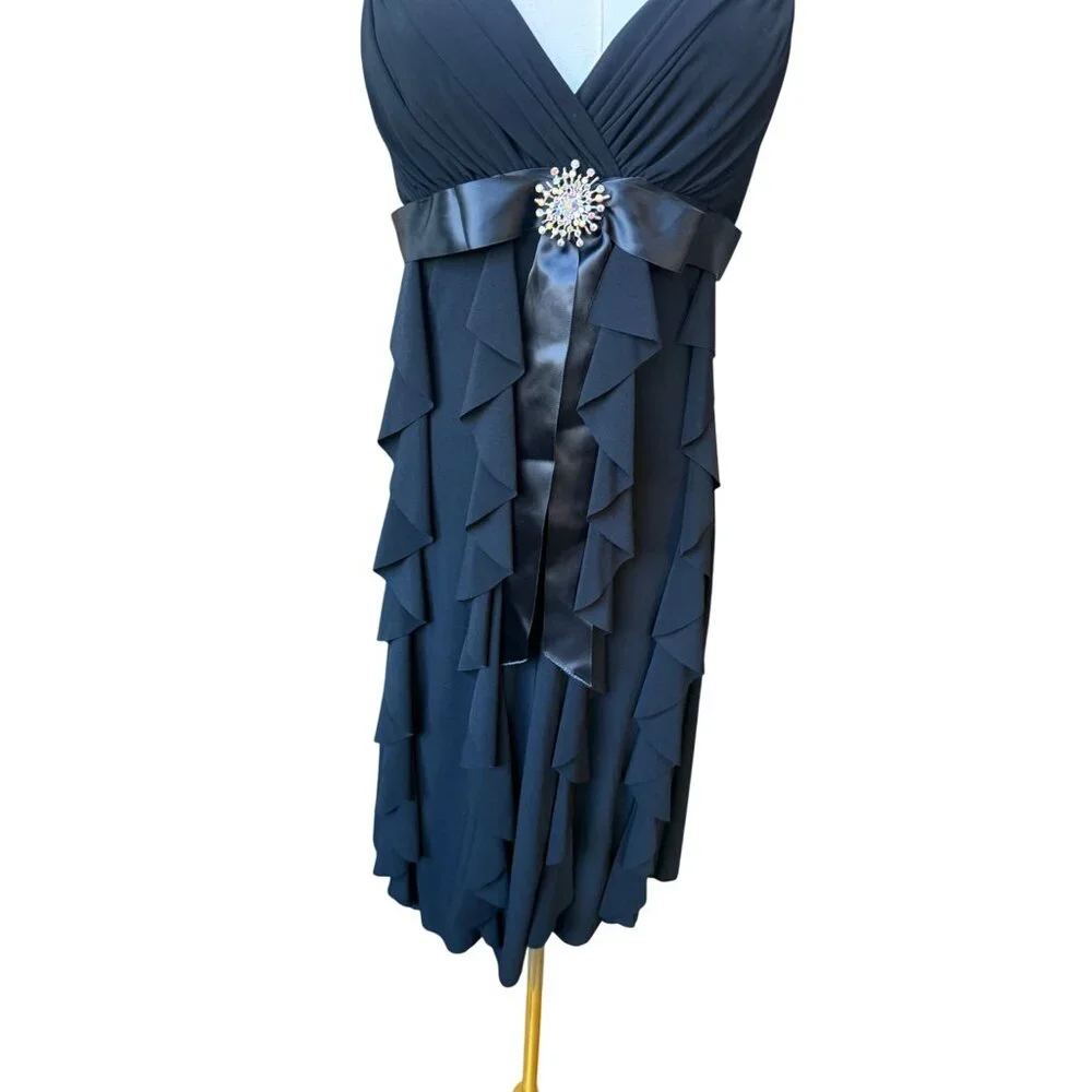 Betsy & Adam Y2K Cocktail Party‎ Dress Size 8 Satin Rhinestone Ruffle Tiered - Picture 3 of 6